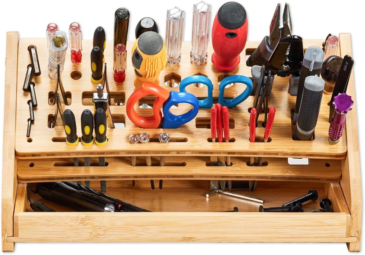 Gereedschap Organizer - Houten Opbergrek - Werkplek Ordenen - 53 Gaten Met Bakje - 31x17cm