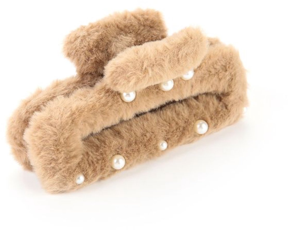 Haarklem met teddy en parels- KHAKI