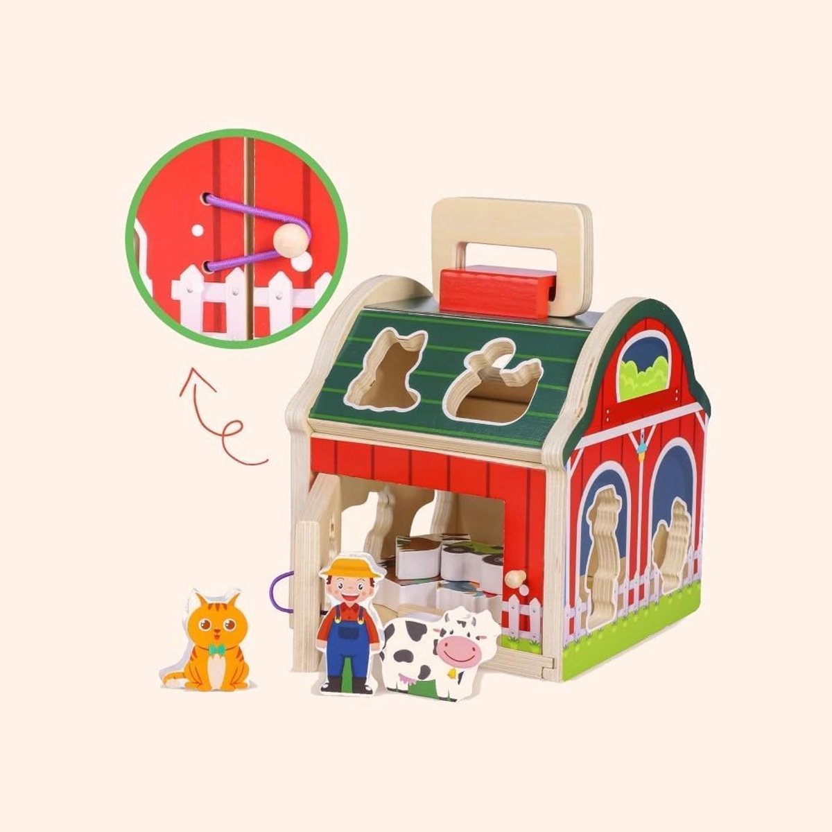 Houten Boerderij - Huis met Dieren - Educatief Spelen - Inclusief Accessoires - 10 x 10 x 20 cm