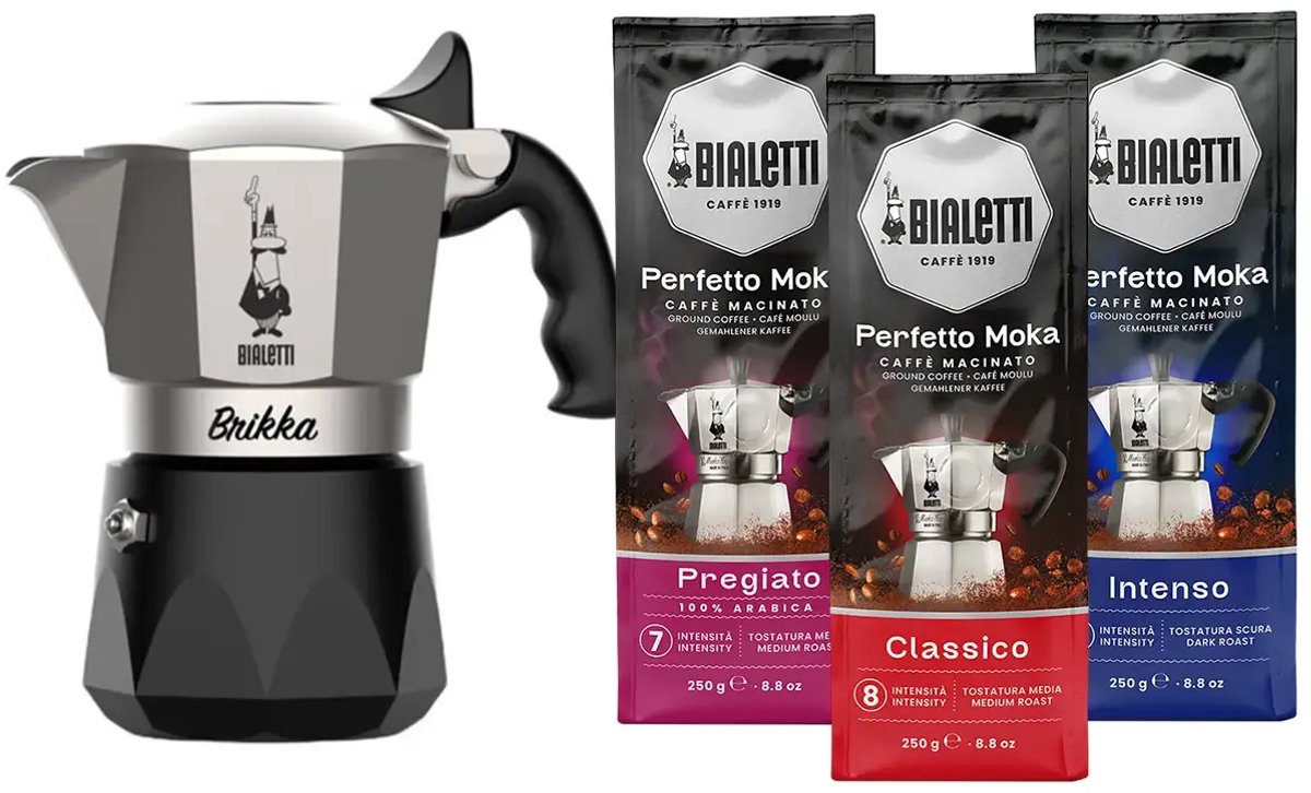Bialetti New Brikka - 170ml - 4 kops + Bialetti Koffie Proefpakket - 3 x 250 gram