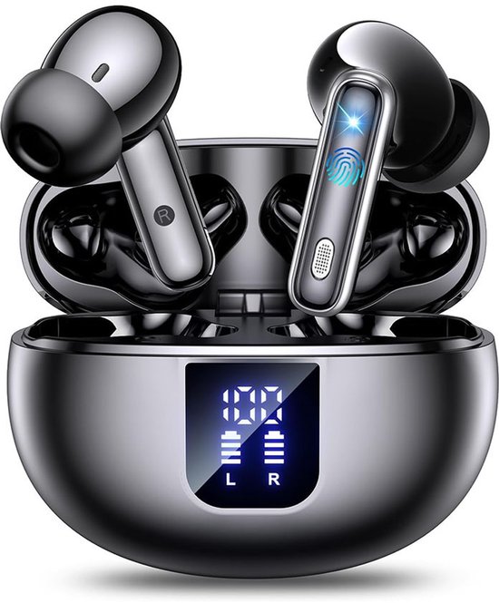 De Beste Gadgets Draadloze Oordopjes Bluetooth 5.4 – Noise Cancelling – 50U Afspelen – IPX7 Waterproof – LED Display – In-Ear Earbuds met Microfoon – Zwart