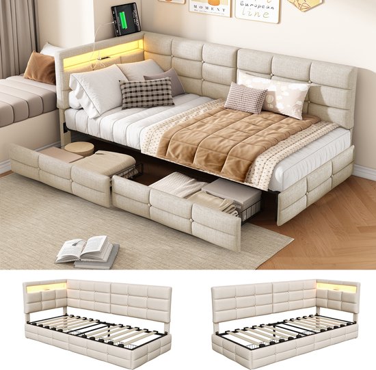 Beige slaapbank met verlichting, kussens, open opberglades en detail van het bedframe.