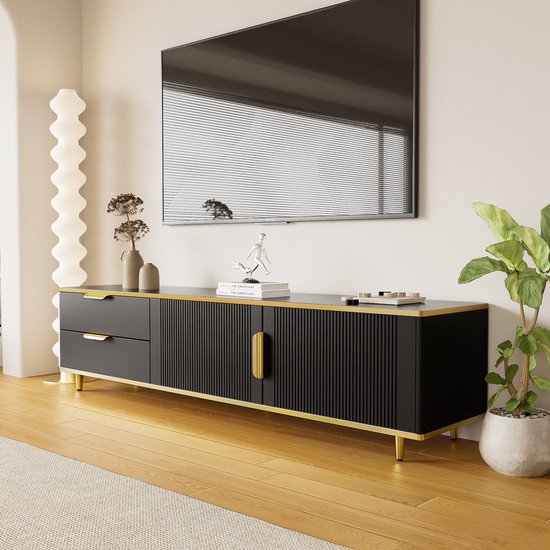 MODENUIT Tv-Meubel - Met 2 Lades En 2 Deuren Voor Woonkamer - Zwart En Goud - Spaanplaat - 175x40x45 Cm