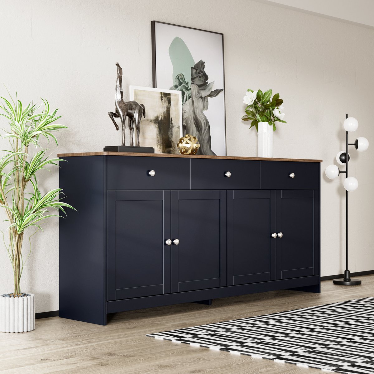 MODENUIT Dressoir - 4 Deuren, 3 Laden En Verstelbare Planken - Voor Woonkamer En Eetkamer - MDF - 160x37x75 Cm Zwart