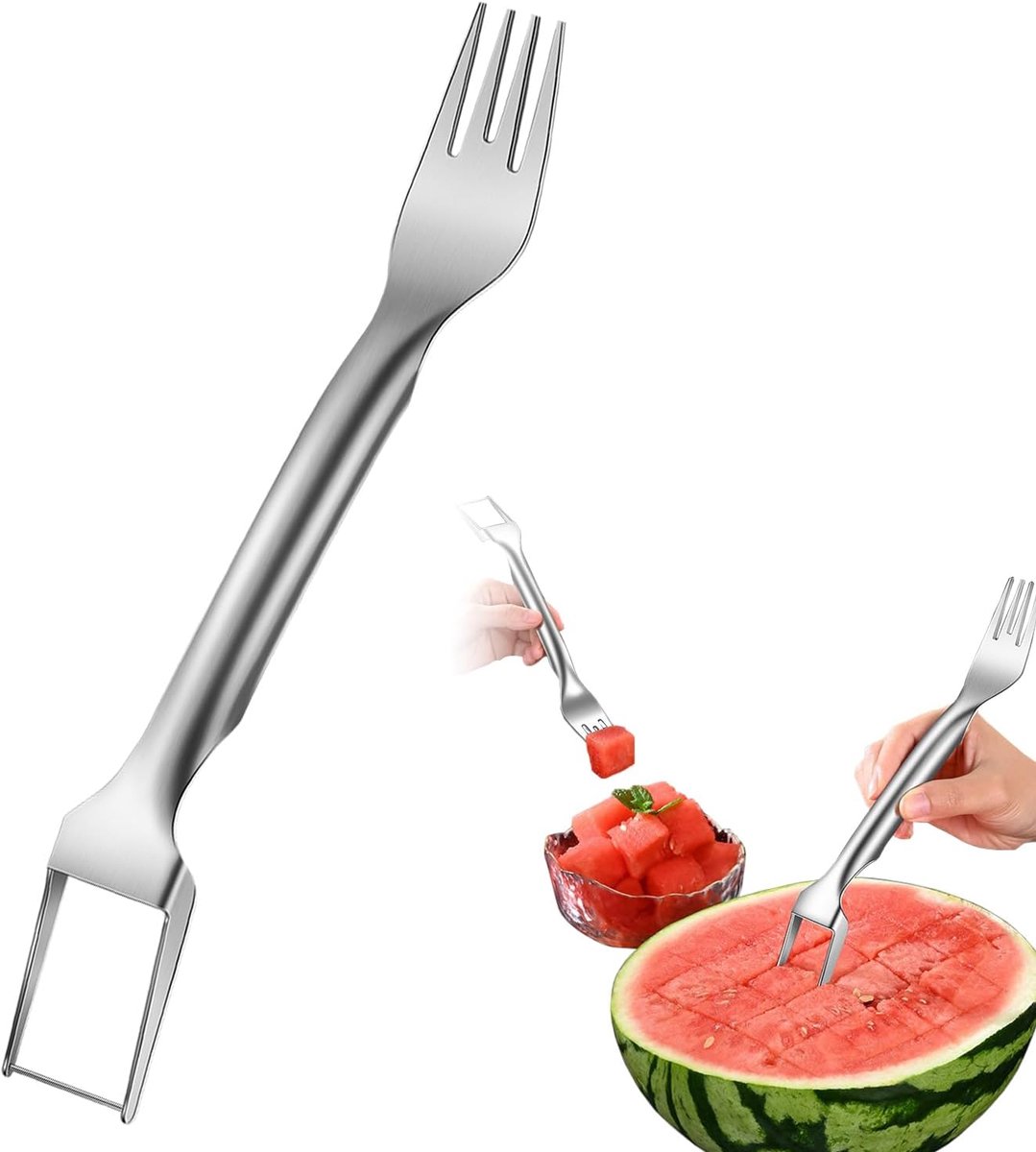 Watermeloen Snijder - Fruit Vork - Zomer Fruit - Dubbele Kop Ontwerp - Draagbaar - Zilver