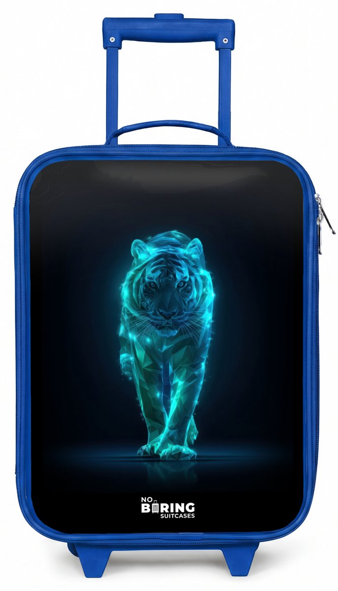 NoBoringSuitcases.com® - Kinderkoffer blauw - Kindertrolley jongen - Gloeiende tijger in beweging - Koffer kind lichtgewicht - Reiskoffer trolley voor kinderen - Koffertje met lichtgevende wieltjes - Rolkoffer