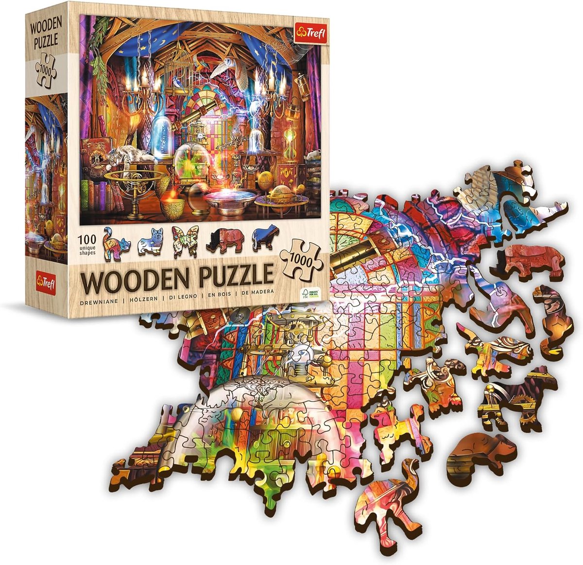 Houten Puzzel - 1000 Stukjes - Ontspanning Thuis - 100 Dierenfiguren - 375 x 519 mm - Blauw Wit