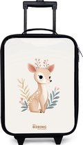 NoBoringSuitcases.com® - Kinderkoffer jongen - Kindertrolley meisje - Hertje omringd door planten in beige tinten - Koffer kind lichtgewicht - Reiskoffer trolley voor kinderen - Koffertje met lichtgevende wieltjes - Rolkoffer zwart