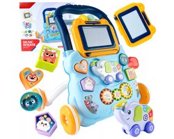 Playos® - Looptrainer - Blauw - met Piano, Tekenbord, Vormen en Tandwielen - Olifant - Activiteitenbord - Loopwagen - Leren Lopen - Baby Speelgoed - Ontwikkelingsspeelgoed