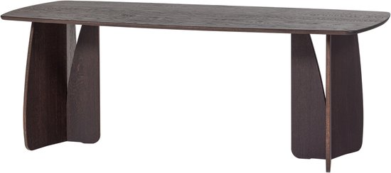 Donkerbruine eettafel met een langwerpig, gebogen blad en twee aparte poten.