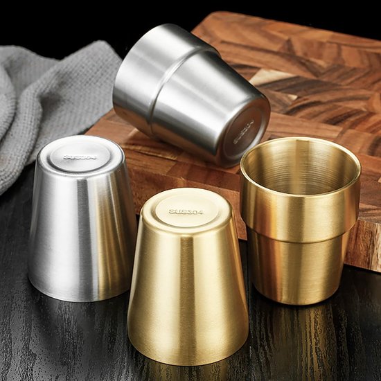 Roestvrijstalen bekers - Kampeermokken espressokopjes - Buiten en thuis - Dubbelwandig vacuüm geïsoleerd - 300 ml - Zilver goud — afbeelding 3