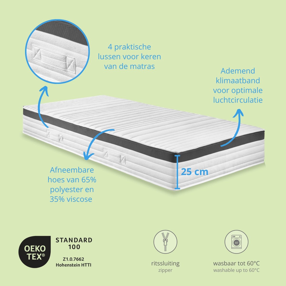 Bodyprotect Elite Line - matras 140x200 cm pocketvering 1000 - hoogte 25 cm - hardheid H3 - ergonomische pocketveringmatras, 7-zones matras en veringmatras - Made in EU - 140 x 200 x 25 cm - wit thumbnail 4