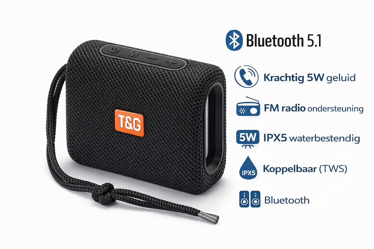 Draagbare Bluetooth Speaker Zwart – Mini Waterproof IPX5 – 5W Krachtig Geluid – AUX, USB & TF – Handsfree Bellen – Compacte Draadloze Speaker