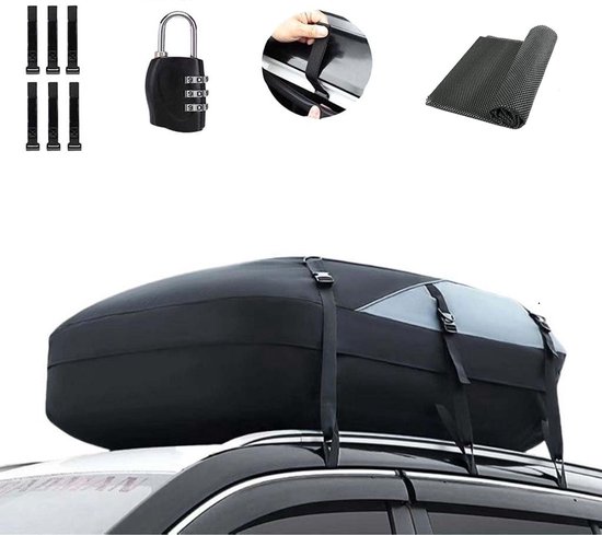 Dakkoffer set met cijferslot & tas & deurhaken- Inclusief antislipmat - 600liter (Maat M)-waterdichte-auto-daktas-flexibele-dakkoffer-zwart-oxford-1000D-pvc-binnenvoering-met-dakdrager-dakkoffer-opvouwbaar-130*100*45cm