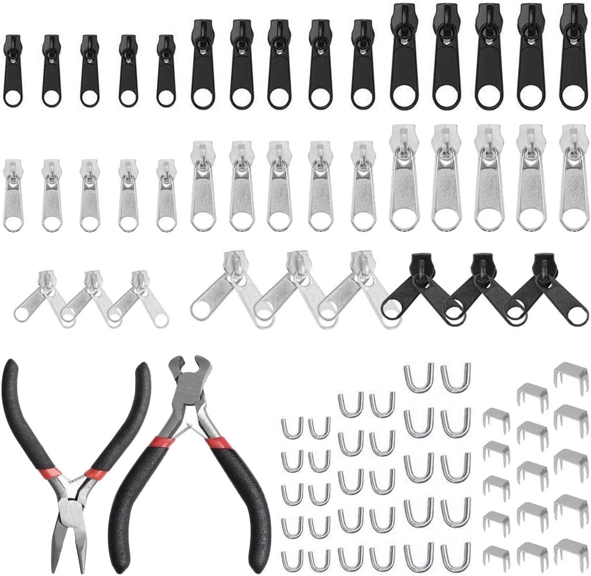 Vervangende Ritsset - Ritsreparatie Onderdelen - Kleding Repareren - 86 Delige Set - 19 x 14 cm - Zwart Zilver