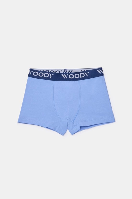Lichtblauwe jongensboxershort met donkerblauwe tailleband met 'WOODY' logo.