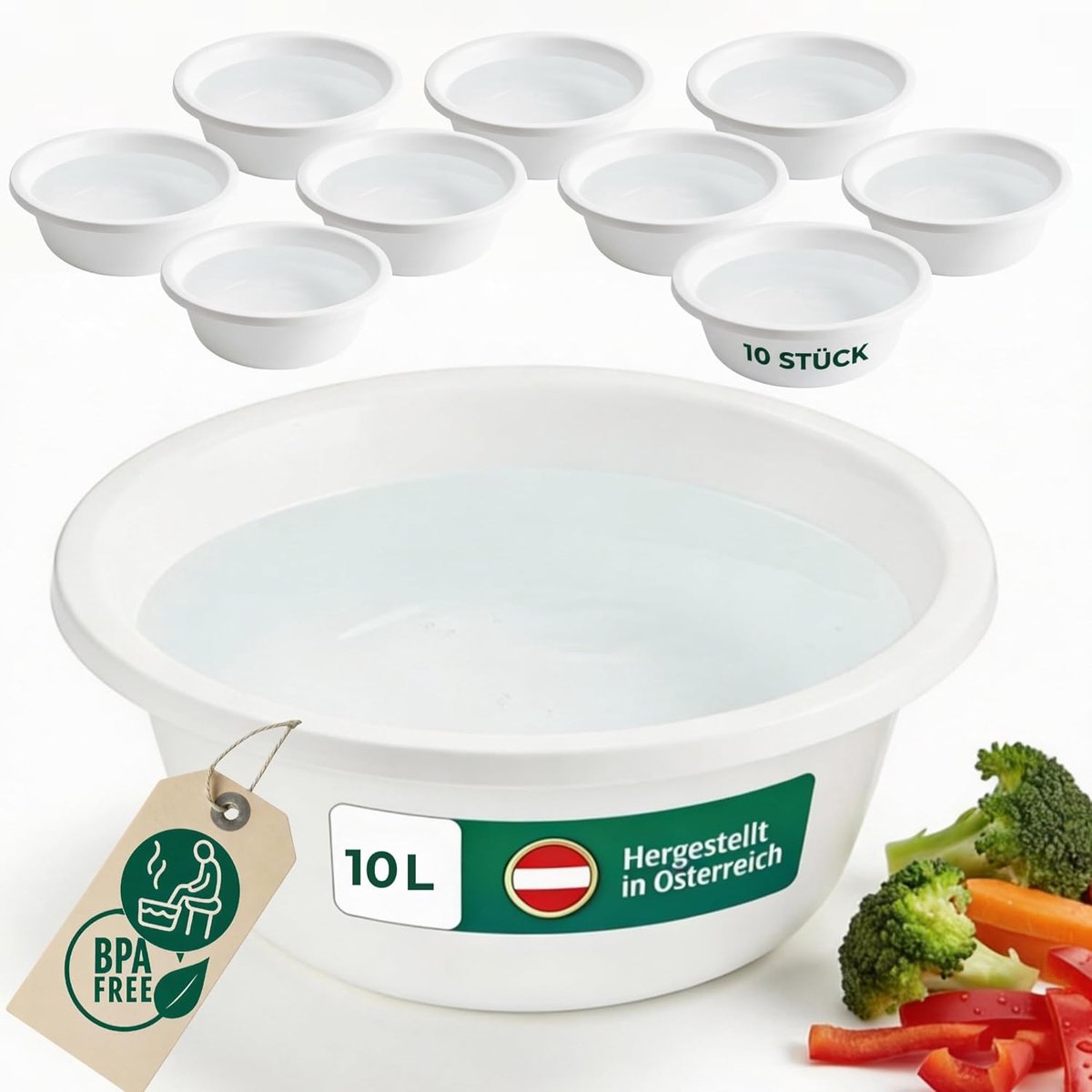 Ronde plastic kommen - Kleine waskommen - Keuken en camping - BPA-vrij en vaatwasserbestendig - Diameter 40 cm - Wit
