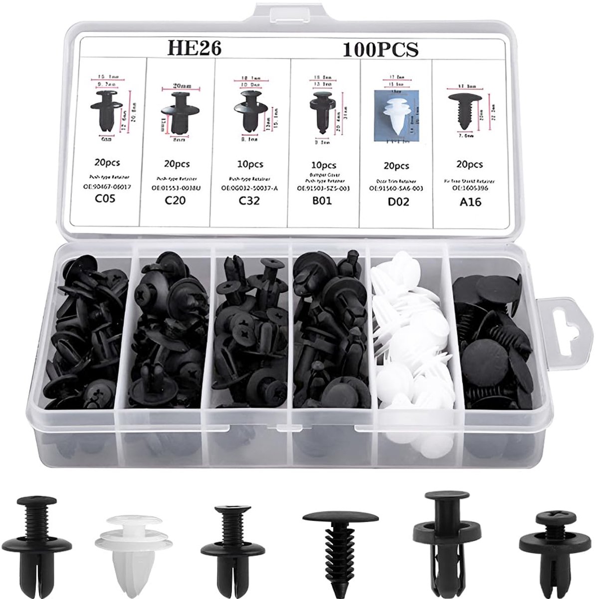 Bevestigingsclips - Klinknagels - Auto Reparatie - 6 Maten - 100 Stuks - Zwart
