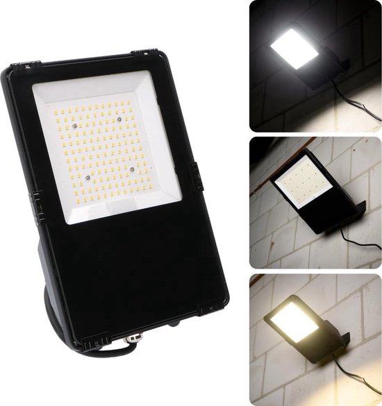 Collage van een zwarte LED-schijnwerper, waaronder close-ups en verlichtingsvoorbeelden.