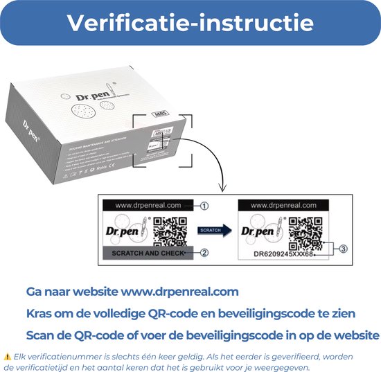 Instructies voor verificatie van de Dr.pen M8S authenticiteit met QR-code en kraslaag op de website.