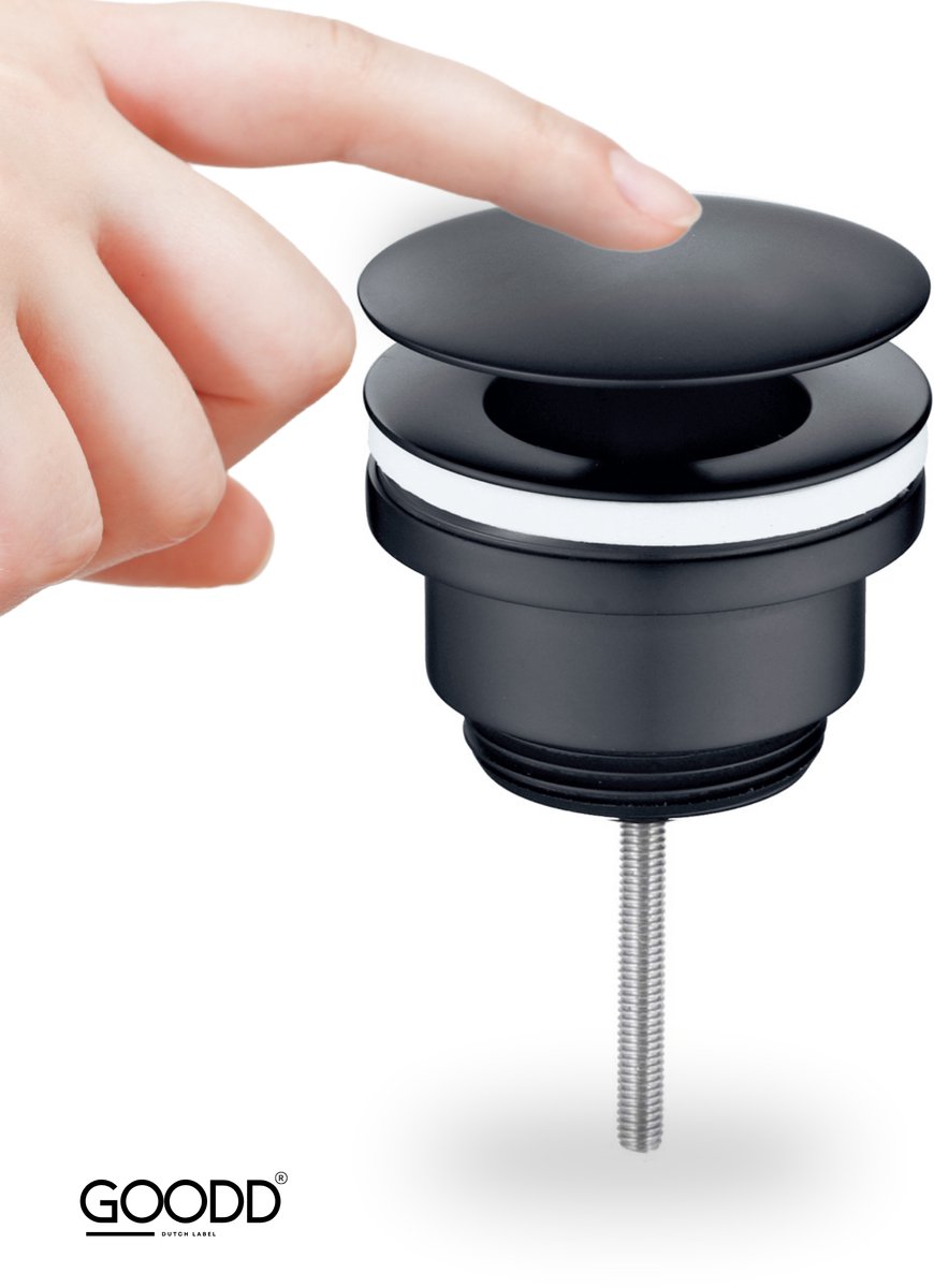 GOODD® - Afvoerplug - Wastafelplug - Fontein - Push Open – Zwart - Universeel - Pop-up - PVD Coating