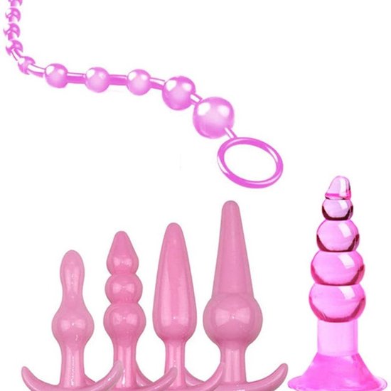 Roze trainingspluggen set met verschillende vormen, inclusief anale kralen.