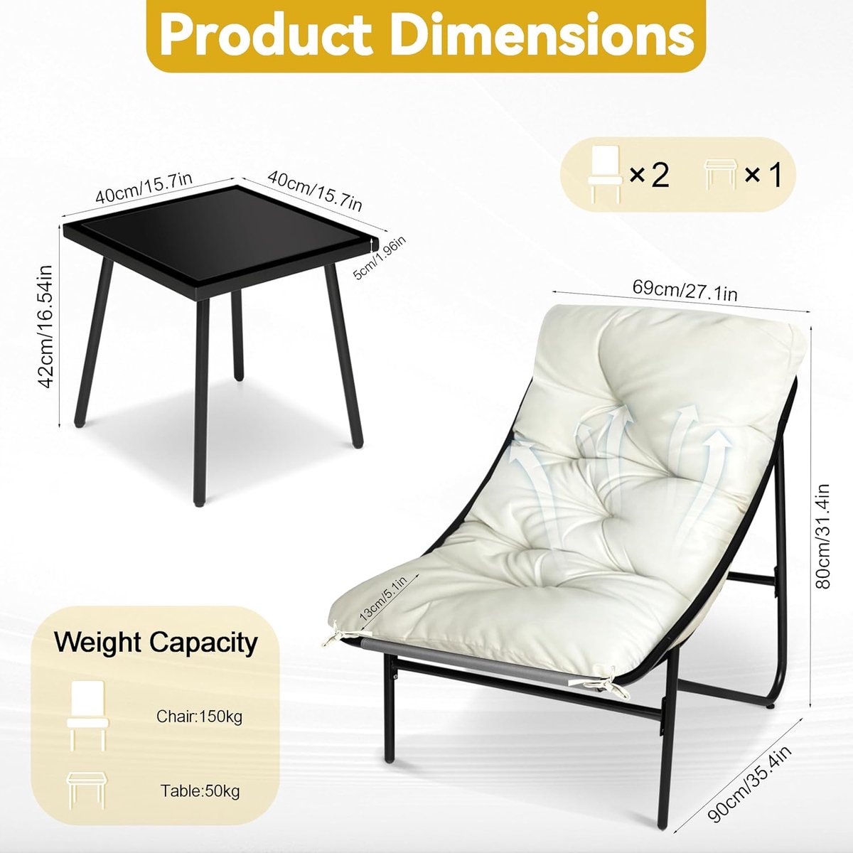 Balkonmeubelset 3-delig met Tafel en Stoelen 69x90x80 cm – Compacte Tuinset met Afneembare Kussens, Moderne Lounge Balkonmeubelen voor Klein Balkon, Terras en Tuin – Wit – Laura