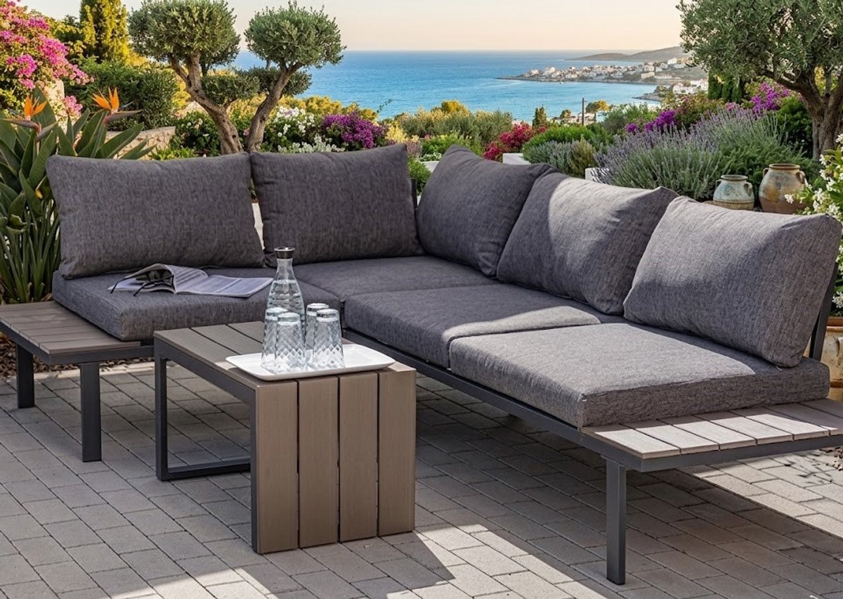 Rio Luxe Hoek Loungeset met Tafel en Zitkussens 225 x 155 x 64 cm voor 2-3 Personen Tuin en Balkon
