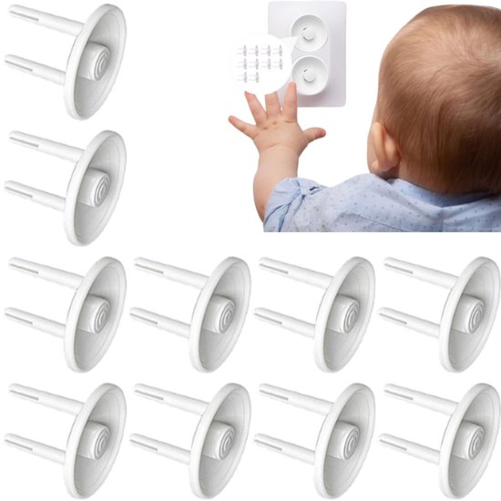 Tien witte stopcontactbeveiligers met een afbeelding van een baby die naar een beveiligd dubbel stopcontact reikt.