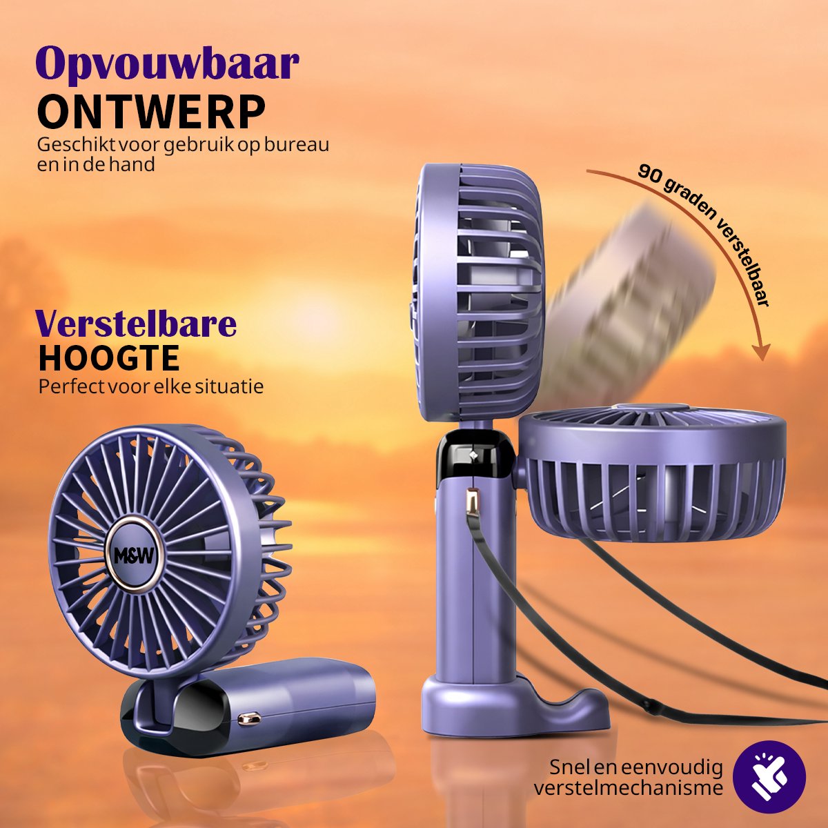 Oplaadbaar USB Handventilator - Draagbare Mini Ventilator met Standaard, Telefoonhouder en Nekkoord - 3 Standen - 3000 mAh - Voor Thuis, Kantoor, Onderweg, Vakantie en Festival - Paars — afbeelding 10