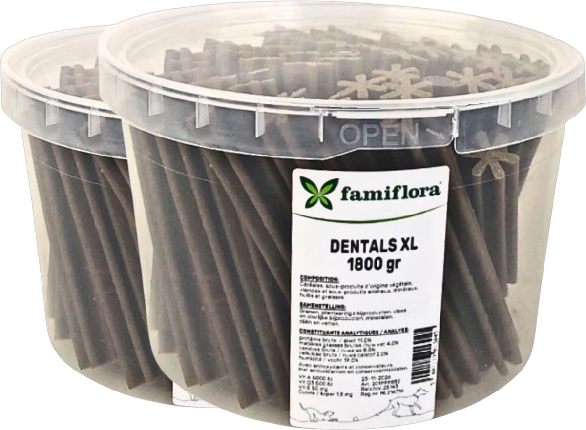 Famiflora Dentals XL Hondensnacks - 3.6KG (2x 1800 gram) - Gebitsverzorging - Voor middelgrote en grote honden - XL formaat van 14 cm - Bevat essentiële mineralen - Handige hersluitbare emmer