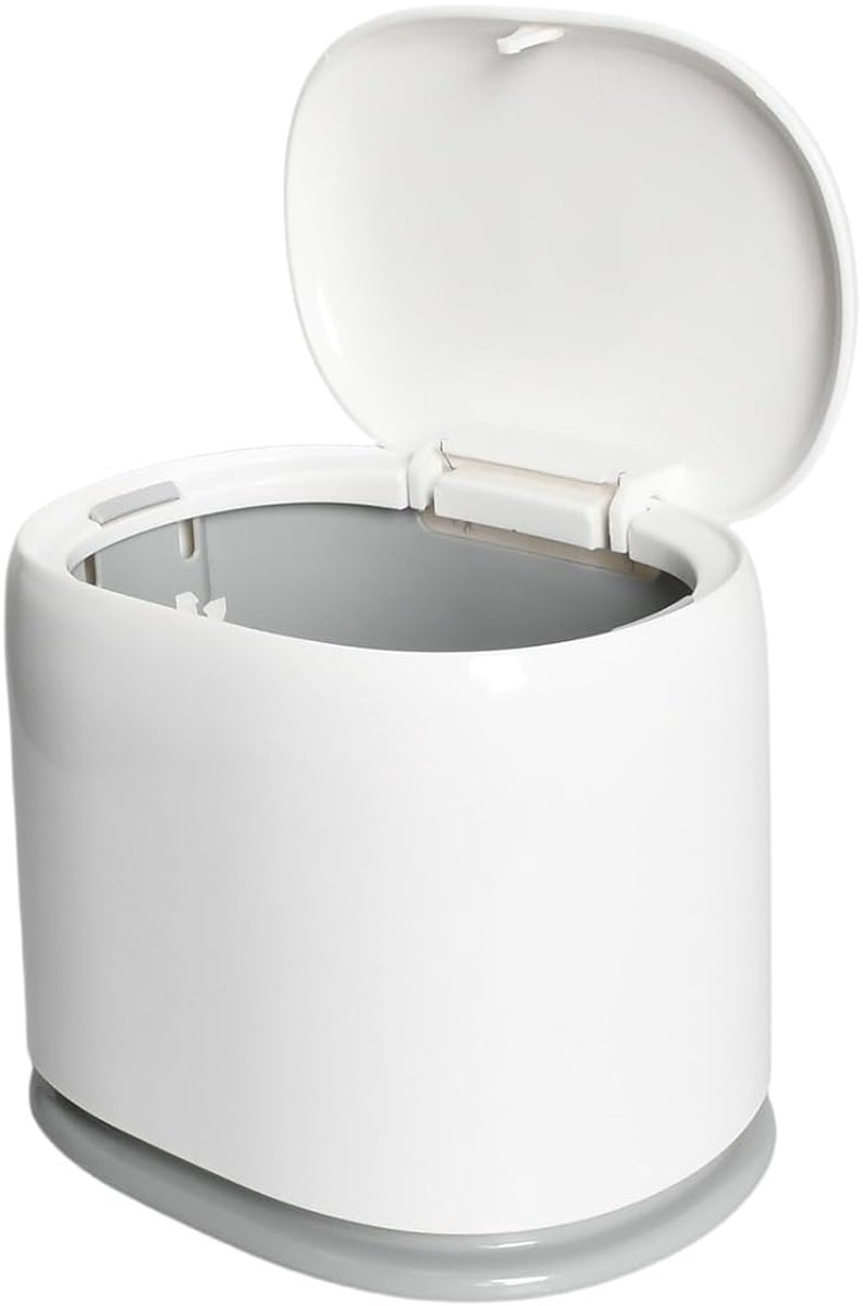 SnelShoppen - Mini Afvalbak met Popdeksel, Witte Plastic Prullenbak, Klein Cosmetisch Bakje met Deksel voor Badkamer, Kantoor en Bureau (17.3 x 13.2 x