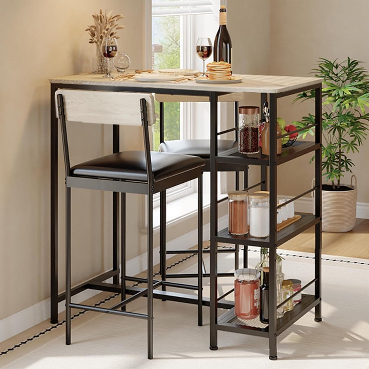 Eetkamermeubelset - 3-delige moderne eetset - Eettafelset met 2 gestoffeerde barkrukken - Metalen frame en ingebouwd wijnrek - voor keuken, eetkamer, appartement en ontbijthoek