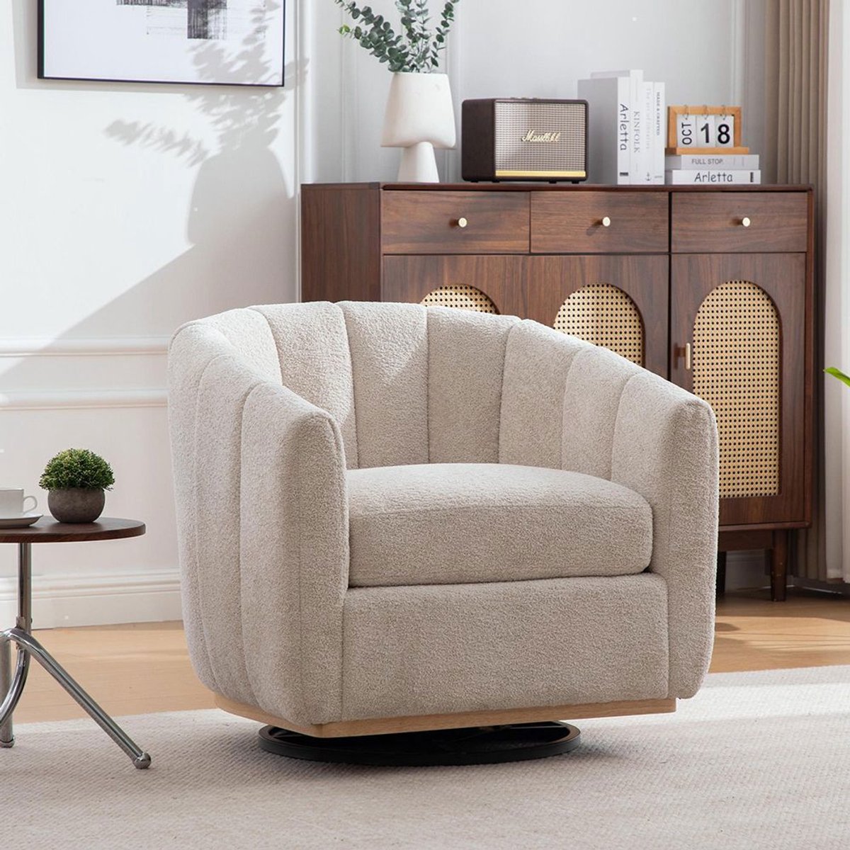 BLACKCOLORS Moderne poef van chenille met metalen voet, 360° draaifunctie, gestoffeerde fauteuil met pompons, clubfauteuil in pompoenvorm voor woonkamer, familiekamer, slaapkamer, lounge, BEIGE