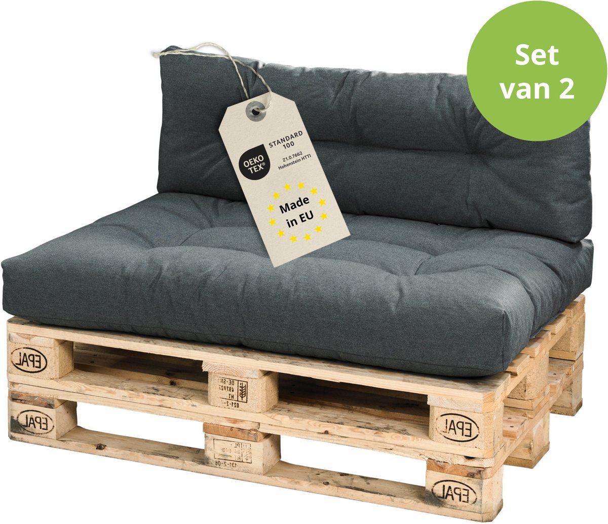 Bodyprotect palletkussen set - 2-delige set palletkussen rug en zit - palletkussens buiten & binnen - zitkussen 120x80 en rugkussen 120x40 - hoogte 12 cm - Made in EU - zitkussen 120 x 80 cm - rugleuning 120 x 40 cm - donkergrijs