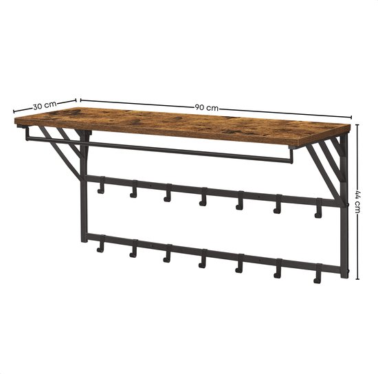 Wandkapstok met houten plank, kledingroede en 14 haken. Afmetingen 90x30x44 cm.