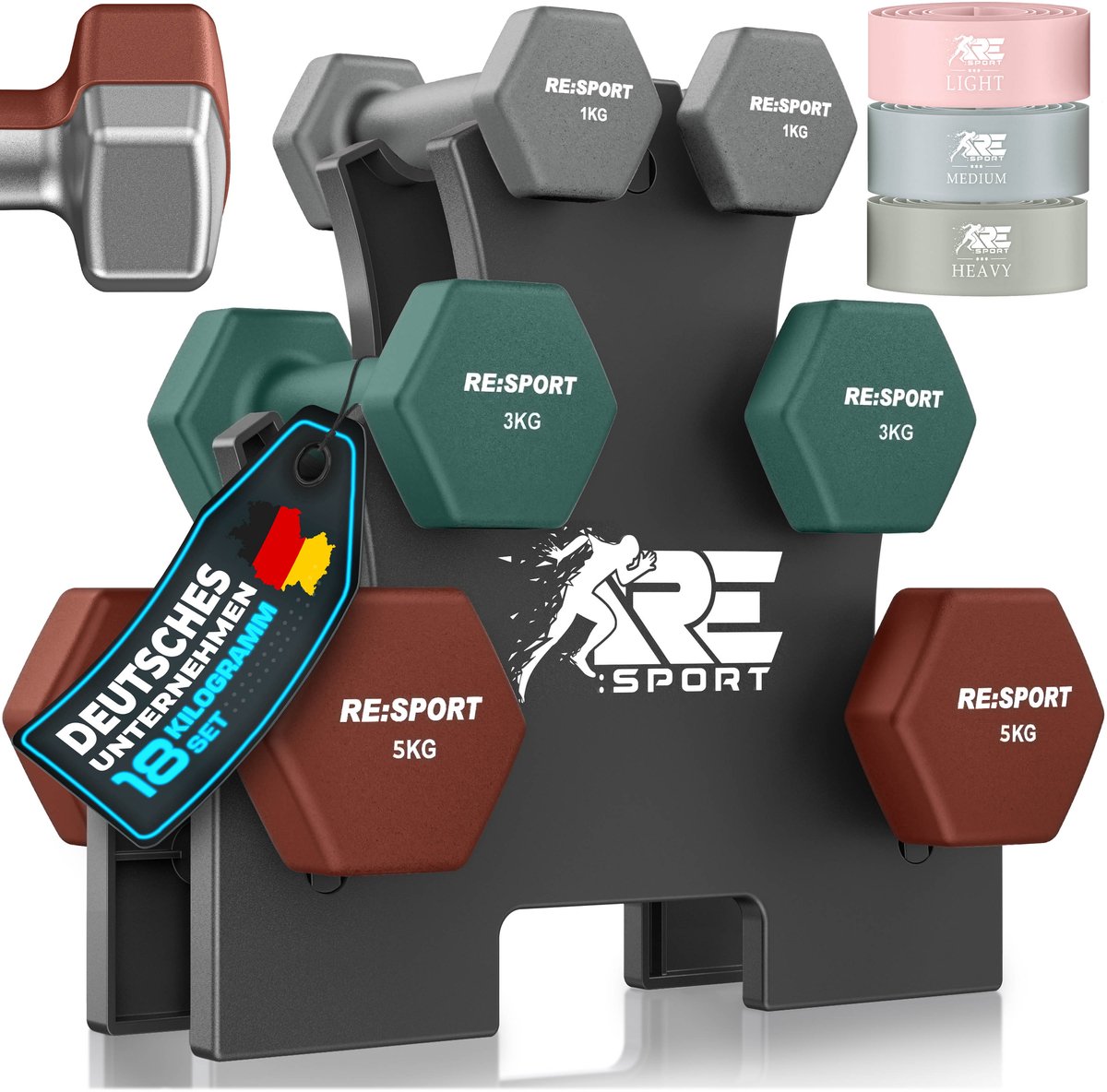 RE:SPORT® Halter Set 3 Paar 1kg–5kg, 18kg met Standaard & 3x Fitnessbanden | Antislip Neopreen Dumbbells voor Dames & Heren | Halters Halterset