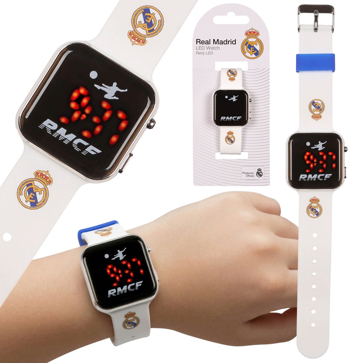 Real Madrid Wit digitaal horloge voor jongens, LED-polshorloge voor gamers, met datum en tijd