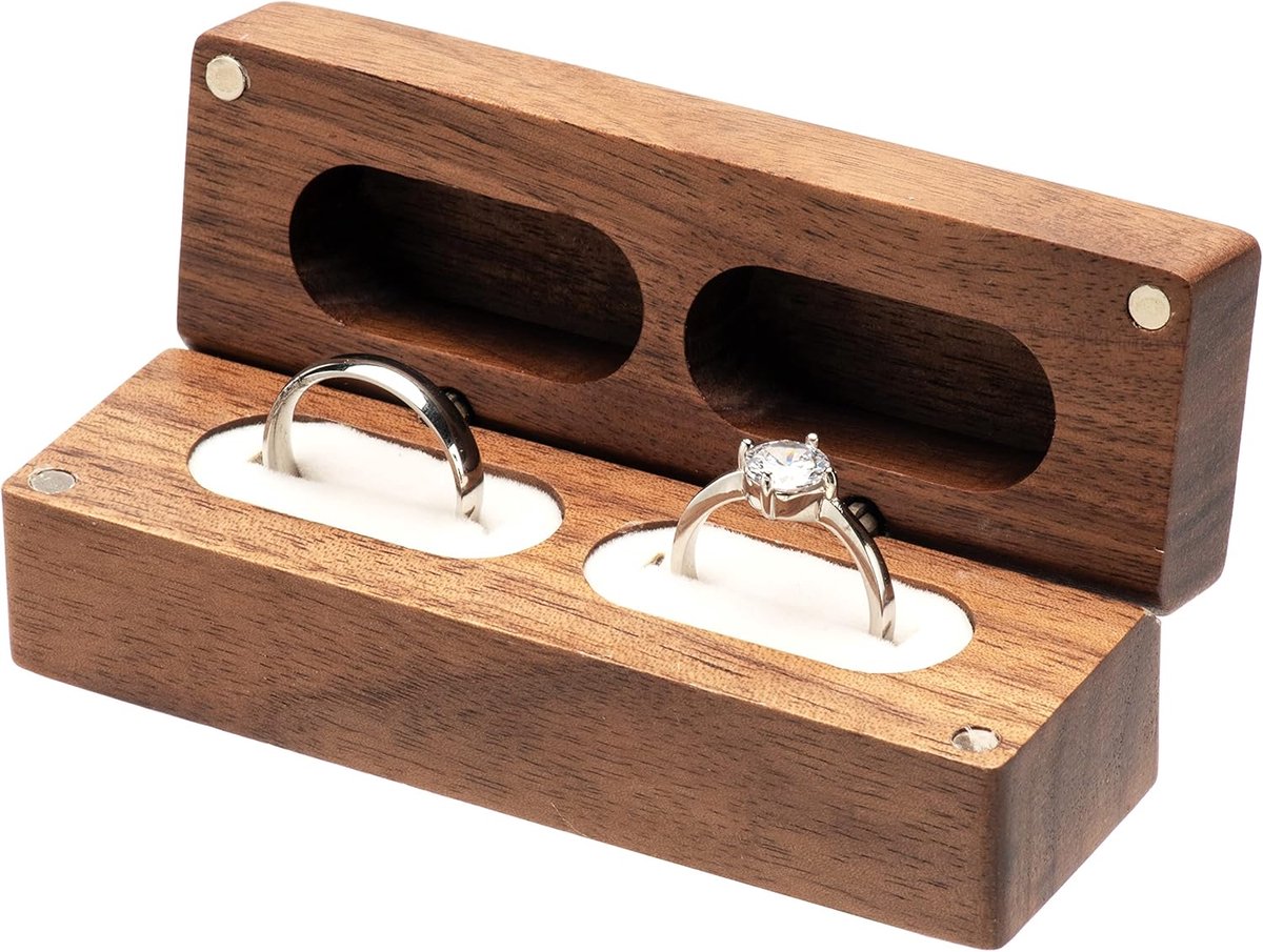 Dubbele Ring Doos - Trouwring Houder - Ring Presentatie - Walnotenhout Afwerking - 9.4 x 3.1 cm - Beige Binnenkant