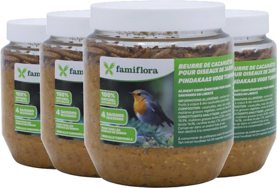 Famiflora vogelpindakaas meelwormen 4x 350GR - Pindakaas voor vogels - Met meelwormen voor extra aantrekkingskracht en voedingswaarde - Geschikt voor alle tuinvogels zodat iedereen mee kan genieten