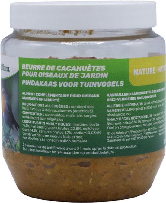 Pot famiflora vogelpindakaas. Groen label met informatie en analyse. 'Beurre de cacahuètes pour oiseaux de jardin'.