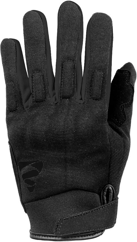 Zwarte GMS handschoen met een gestructureerd oppervlak en een klittenbandsluiting.