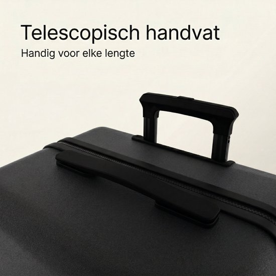 Detail van het zwarte telescopische handvat van de koffer.