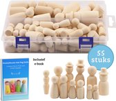 Janse® Houten poppetjes met 3 hoedjes - Inclusief e-book Knutselkunst met Peg dolls - 55 stuks set - Houten opstellingsfiguren - Peg dolls - Familie poppetjes met opa en oma - Poppenhuis poppetjes - Houten pionnen - Kegelpoppetjes - Creatief - Mensen