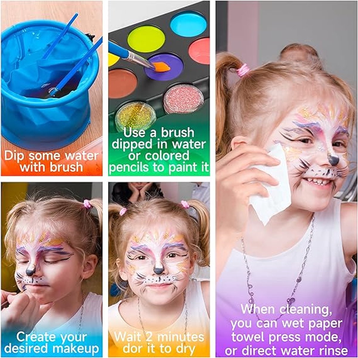 Meedeer Schminkset voor kinderen-20 kleuren-Make-up voor kinderen-Waterbasis-Met Penselen & Stencils-Kinderschmink-Afwasbare Face Paint voor Carnaval, Halloweenen — afbeelding 4
