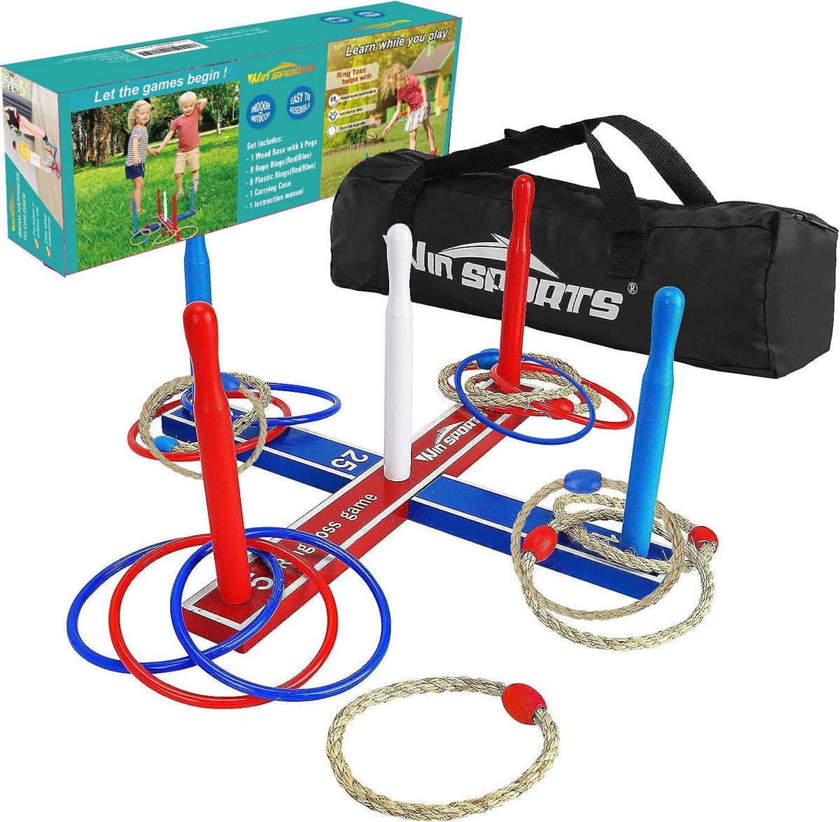 Quoits Tuinspelset - Ringwerpspel - Binnen Buiten Spelen - Houten Constructie - 41.9 x 5.1 x 1.8 cm - Rood Blauw