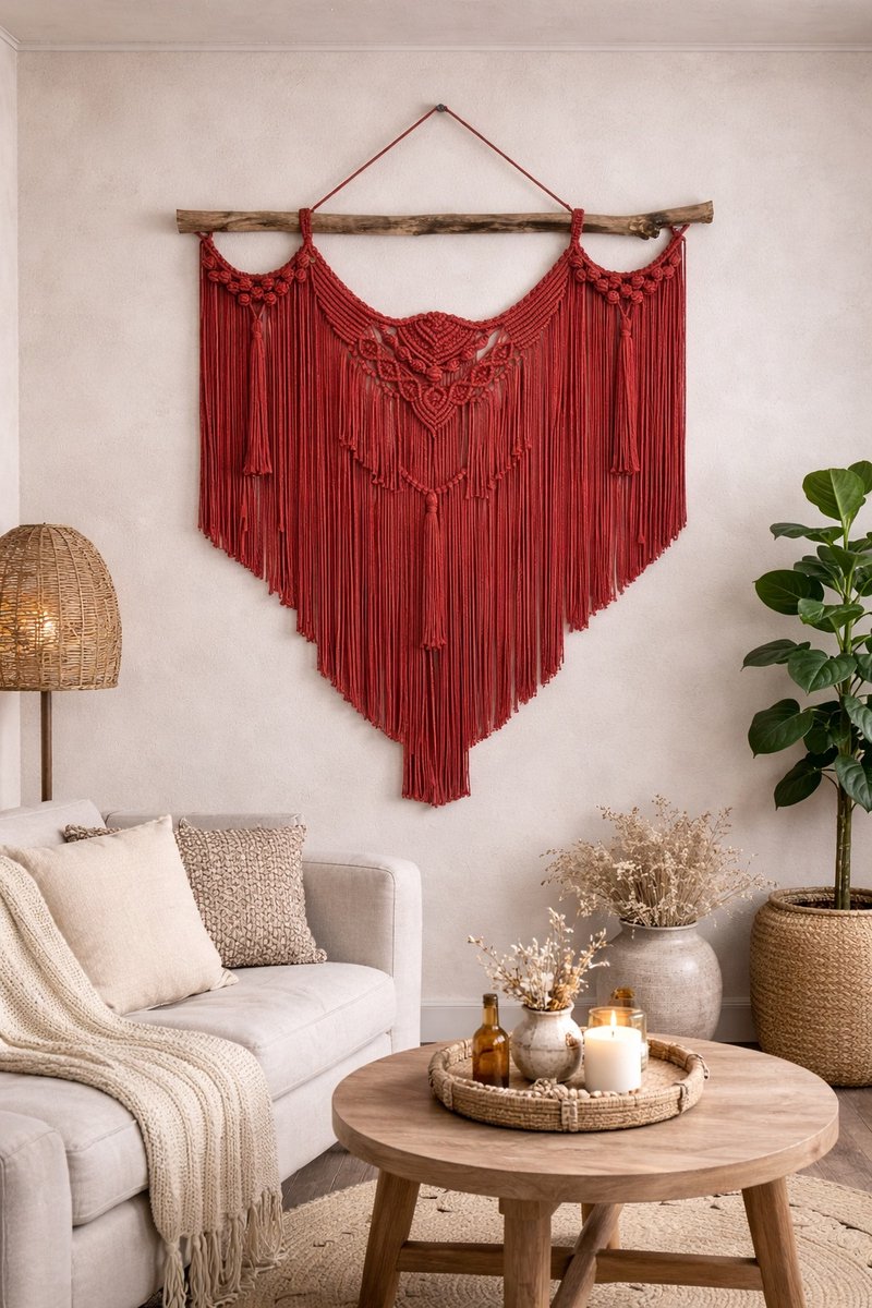 Macramé wandkleed Karanfil , muur decoratie , macramé knopen, muur hanger - bordeauxrood 212