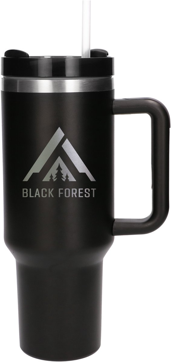 Black Forest Thermosbeker met Rietje Handvat 1200 ml Zwart Thermosfles Lekvrij Dubbelwandig Warm Koud Drank