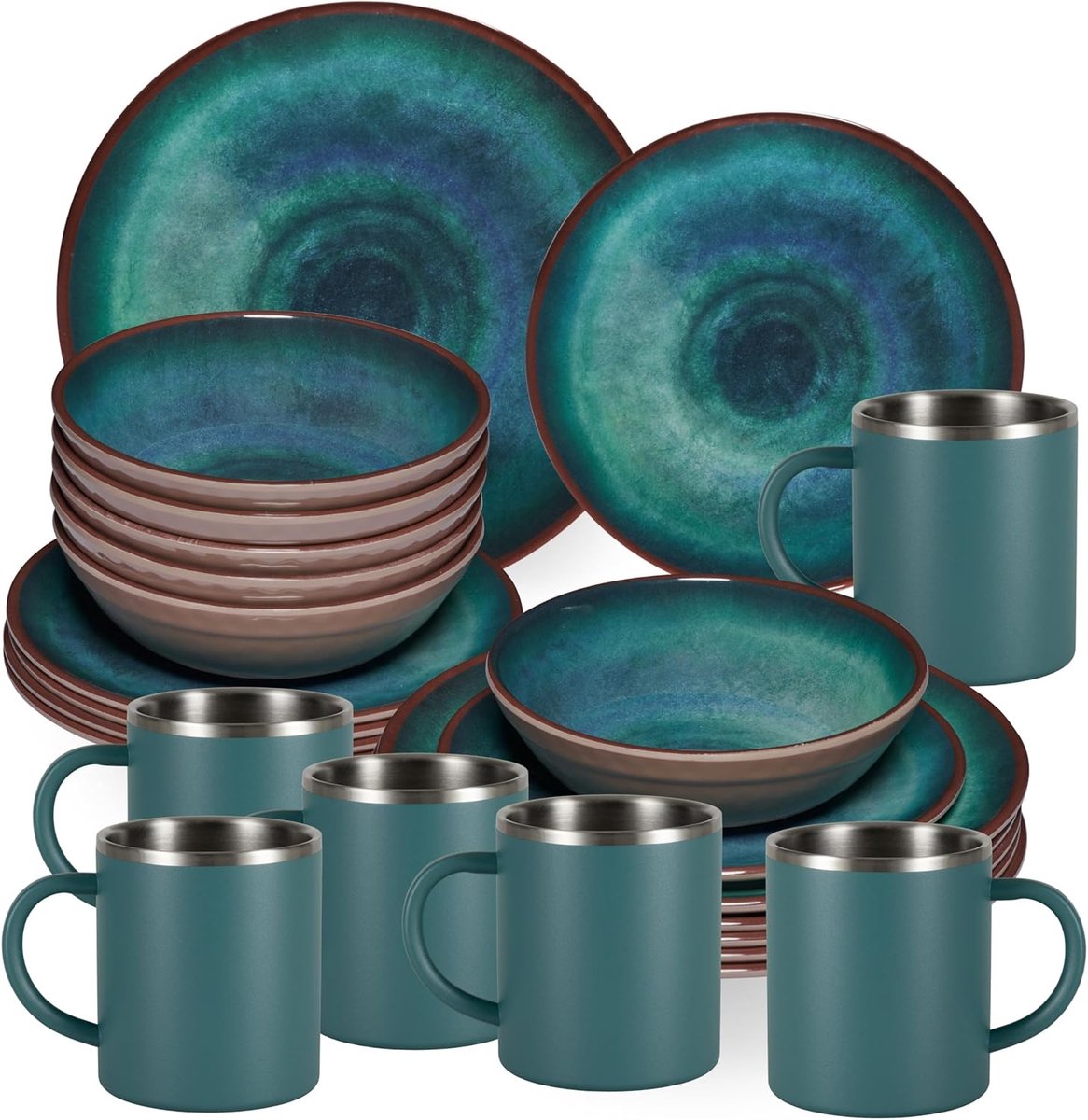 Melamine Serviesset - Kampeer Servies - Outdoor Dineren - Aardewerk Look - 6 Persoons - Groen
