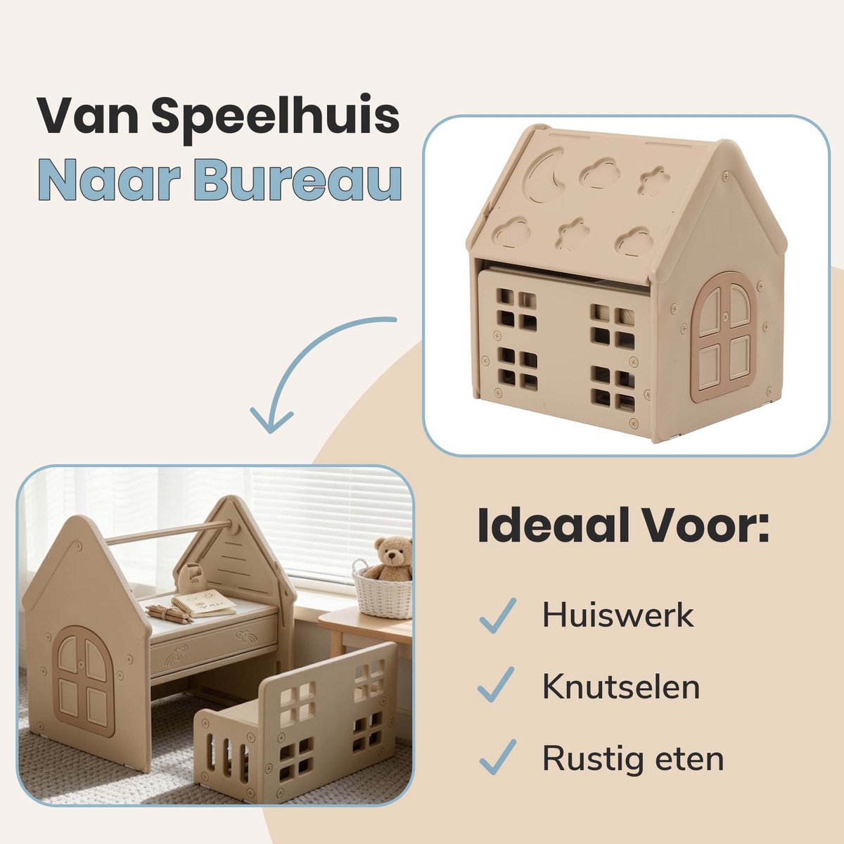 ComfyKidz 4 in 1 Speelhuis & Leerhuis incl. Opbergbank - Voor zowel Binnen & Buiten gebruik – Bouwtafel + Tekenbord + Bureau — afbeelding 9